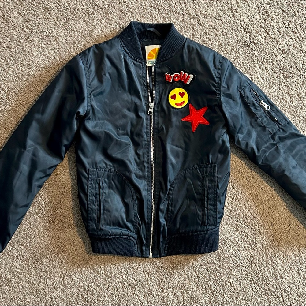 C & C California girls sz 7 navy blue bomber jacket with emoji patches full zip